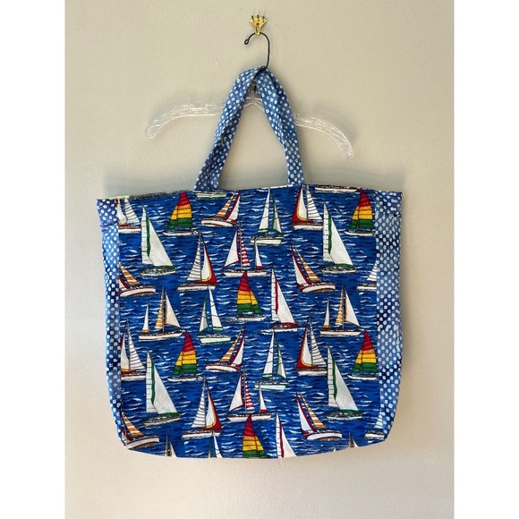 Handmade Tote Eco Friendly Reusable Colorful Sailboat Grocery Beach Bag Large - Picture 1 of 6